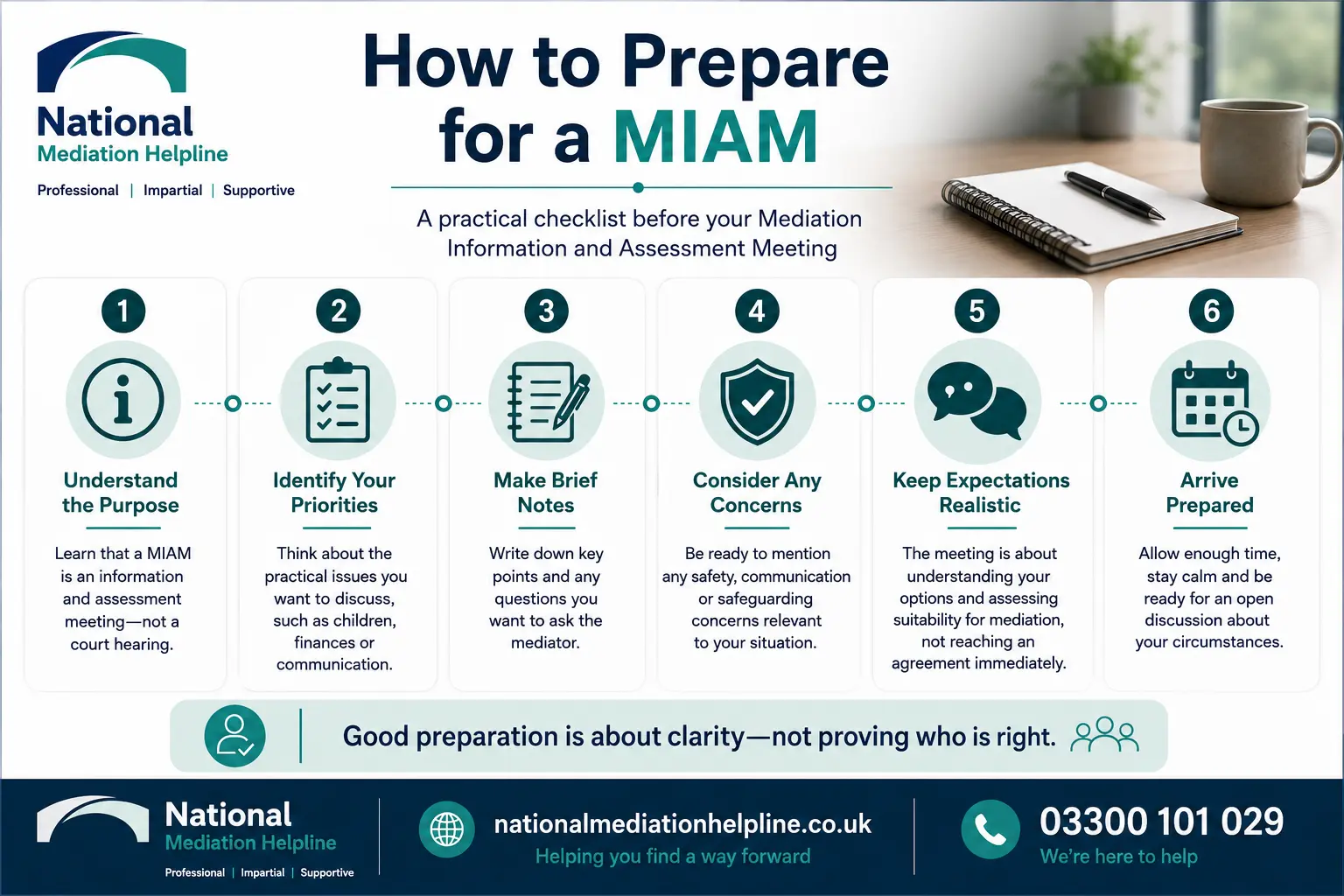 How to prepare for a miam in Colchester How to prepare for a miam infographics , explaining How to prepare for a miam in Colchester:  Understand how to prepare for a miam in 6 Steps